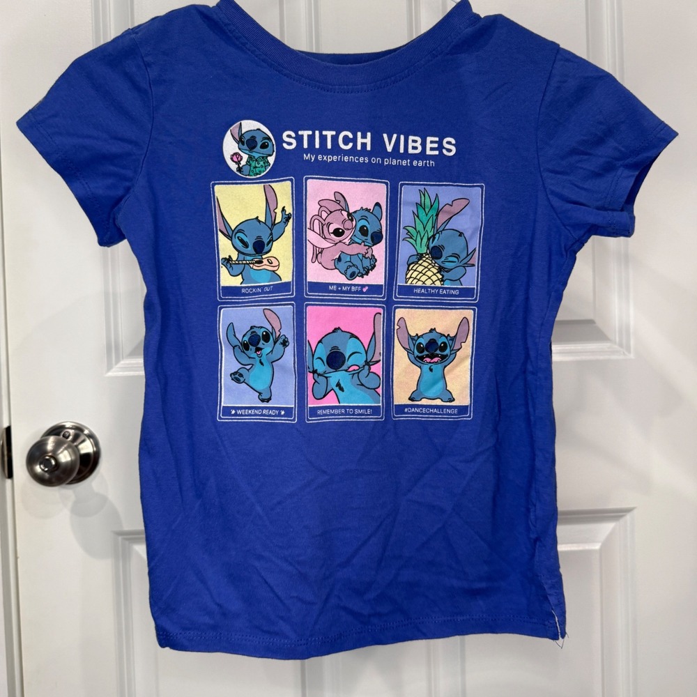 Disney Lilo & Stitch Vibes Blue Graphic Tee Shirt Kids Medium Size 7/8